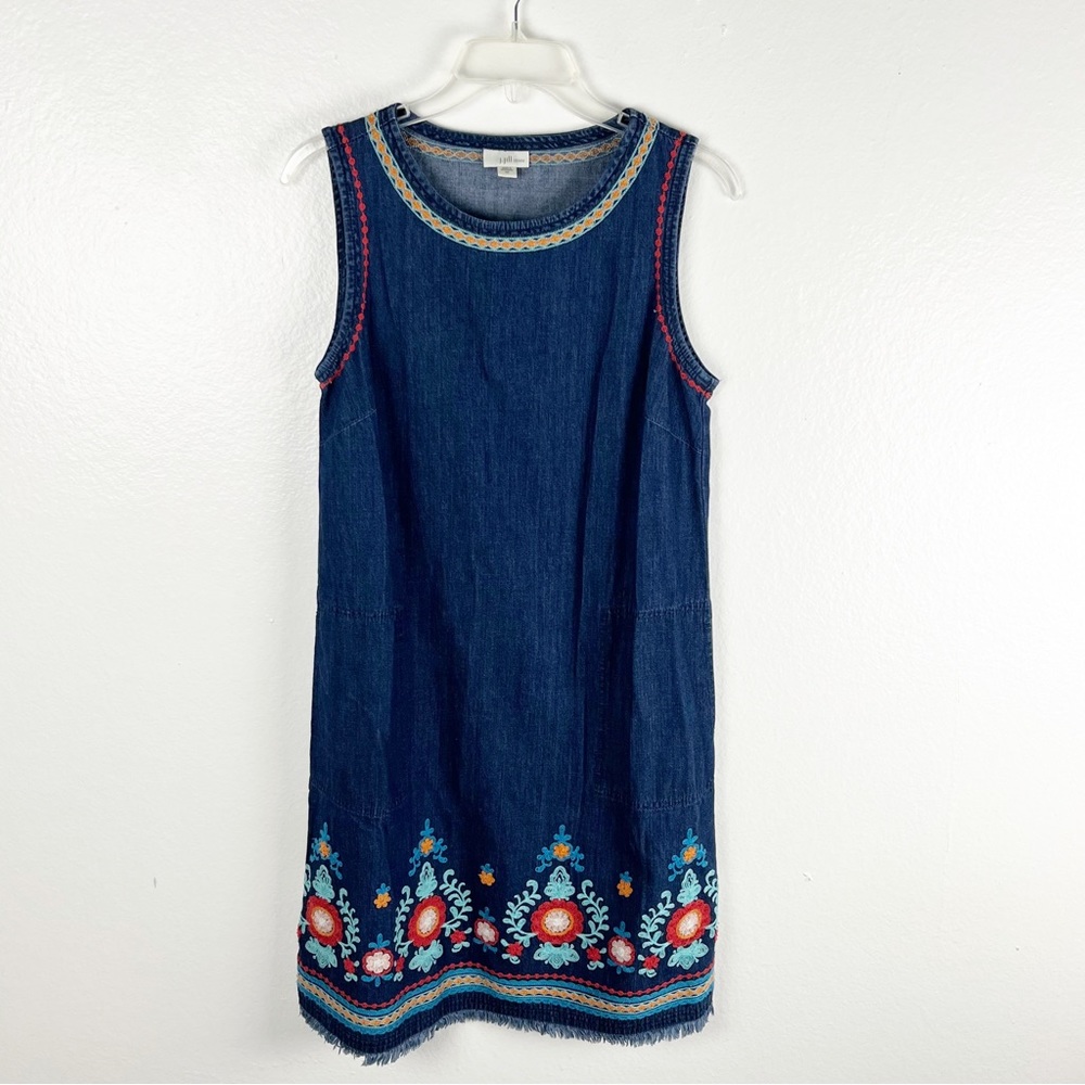 J. JILL Denim Malibu Embroidered Side Pocket Frayed Hem Sleeveless Dress XS Boho